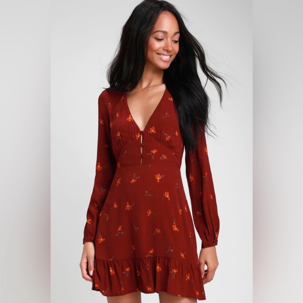 Lulus Teedra Burgundy Floral Print Long Sleeve Mini Dress
